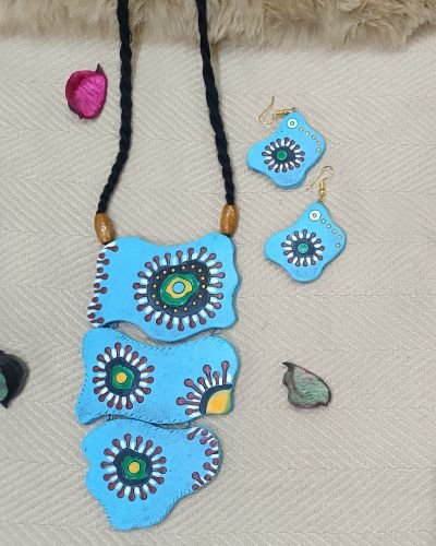 Abstract Blue Handcrafted Terracotta Necklace Set