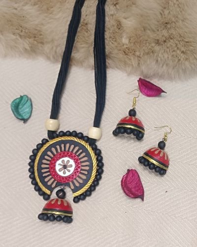 Traditional Red & Black Terracotta Jhumka Necklace Set