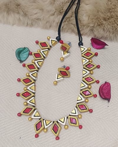Bold Red & Gold Geometric Terracotta Necklace Set