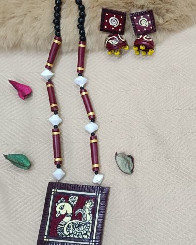 Handcrafted Terracotta Necklace Set – Traditional Peacock Motif