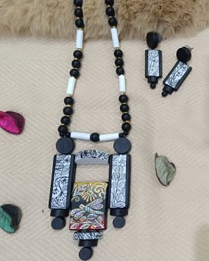 Abstract Block Art Terracotta Necklace Set